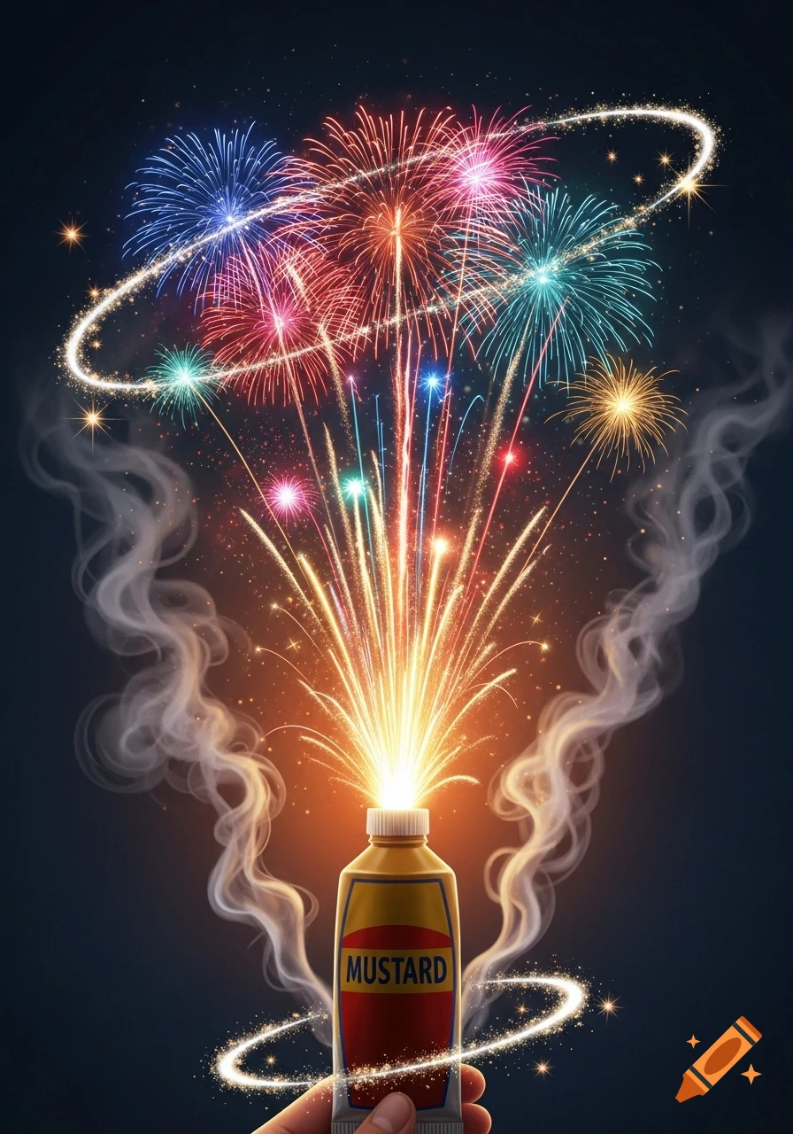 A hand holds a mustard tube spewing vibrant fireworks into a starry night sky, with wisps of smoke and sparkling trails.