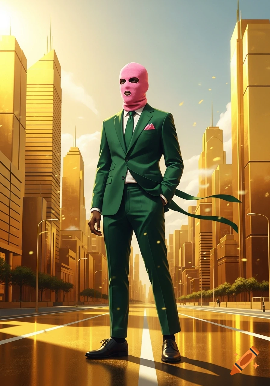 A person in a green suit and pink balaclava stands in a golden city with tall buildings under a bright sky, light particles floating around.