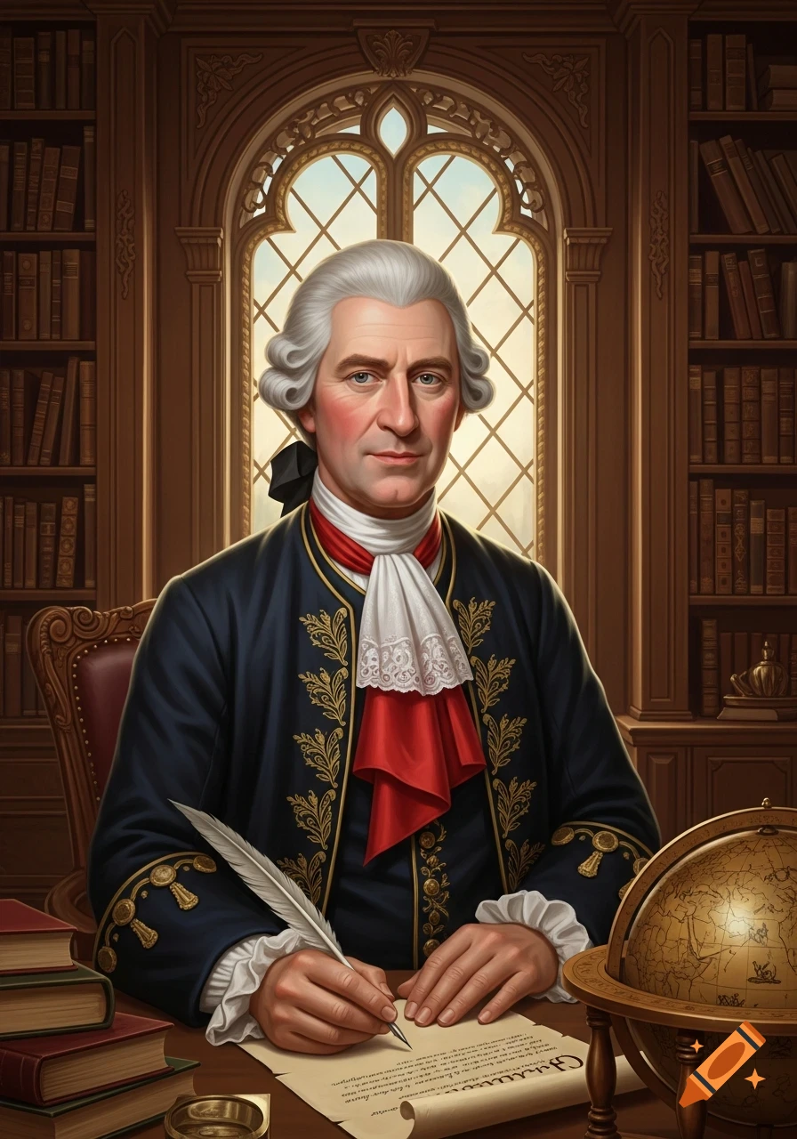 A man in a powdered wig and historical attire writes with a quill at a desk in a library, next to a globe.