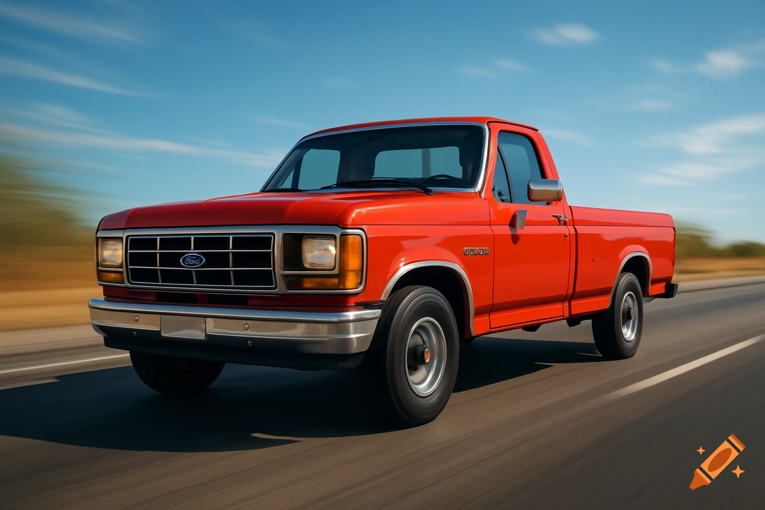 A photorealistic red 1980s Ford pickup truck speeding down a highway with motion blur under a clear blue sky.