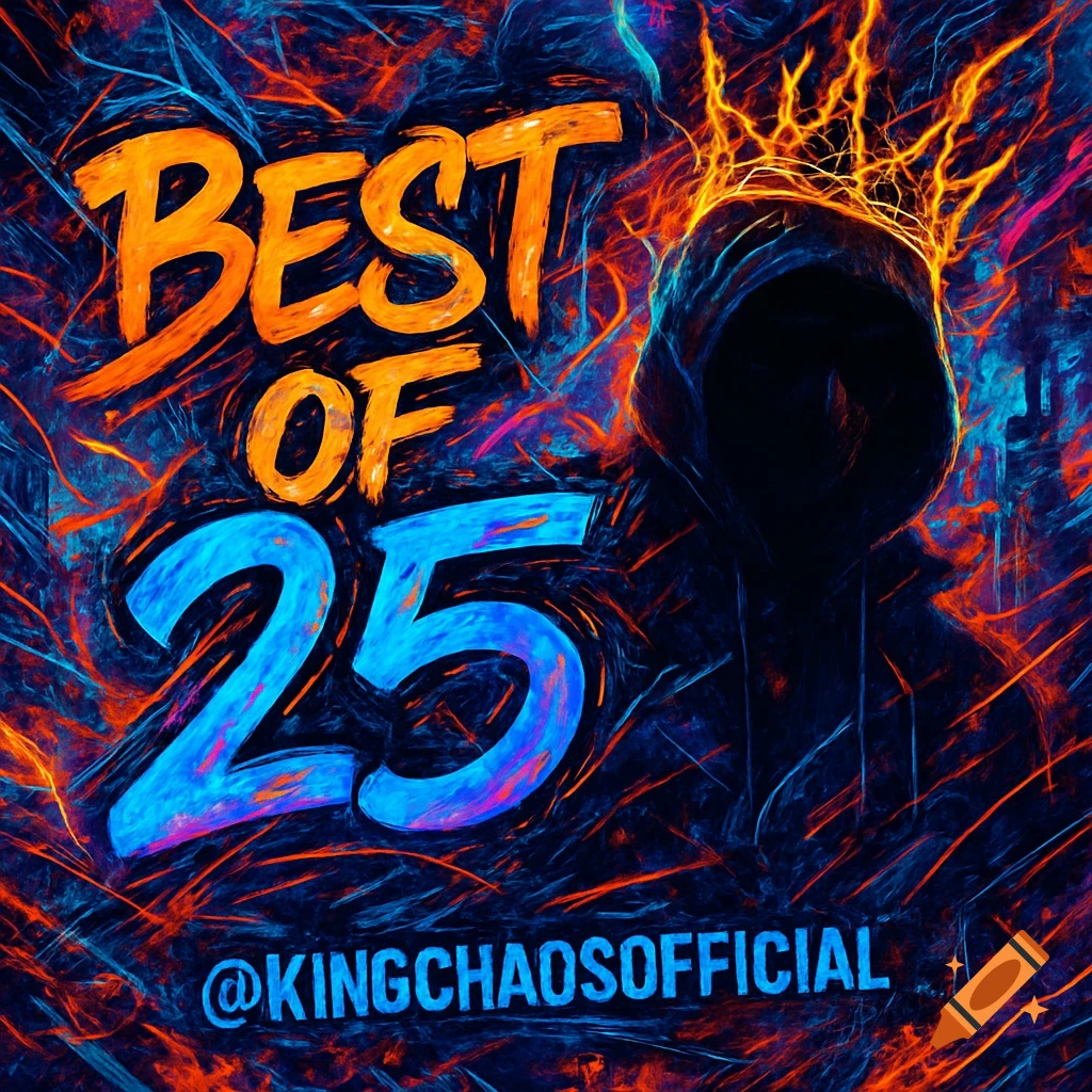 Digital art of 'BEST OF 25' in orange and blue text, with a hooded figure wearing a fiery crown against a chaotic, glowing background.