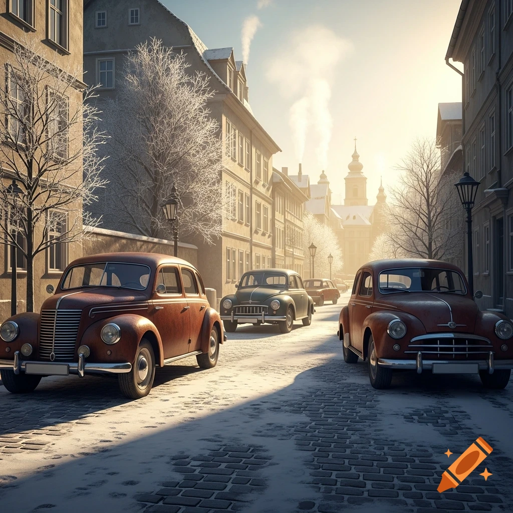 Vintage cars parked on a snowy cobblestone street in an old European city, bathed in warm sunlight.