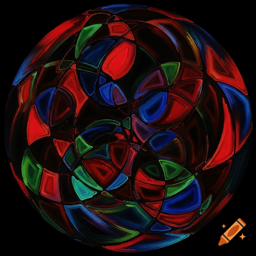 A round abstract mosaic of red, blue, and green shapes against a black background in a modern art style.