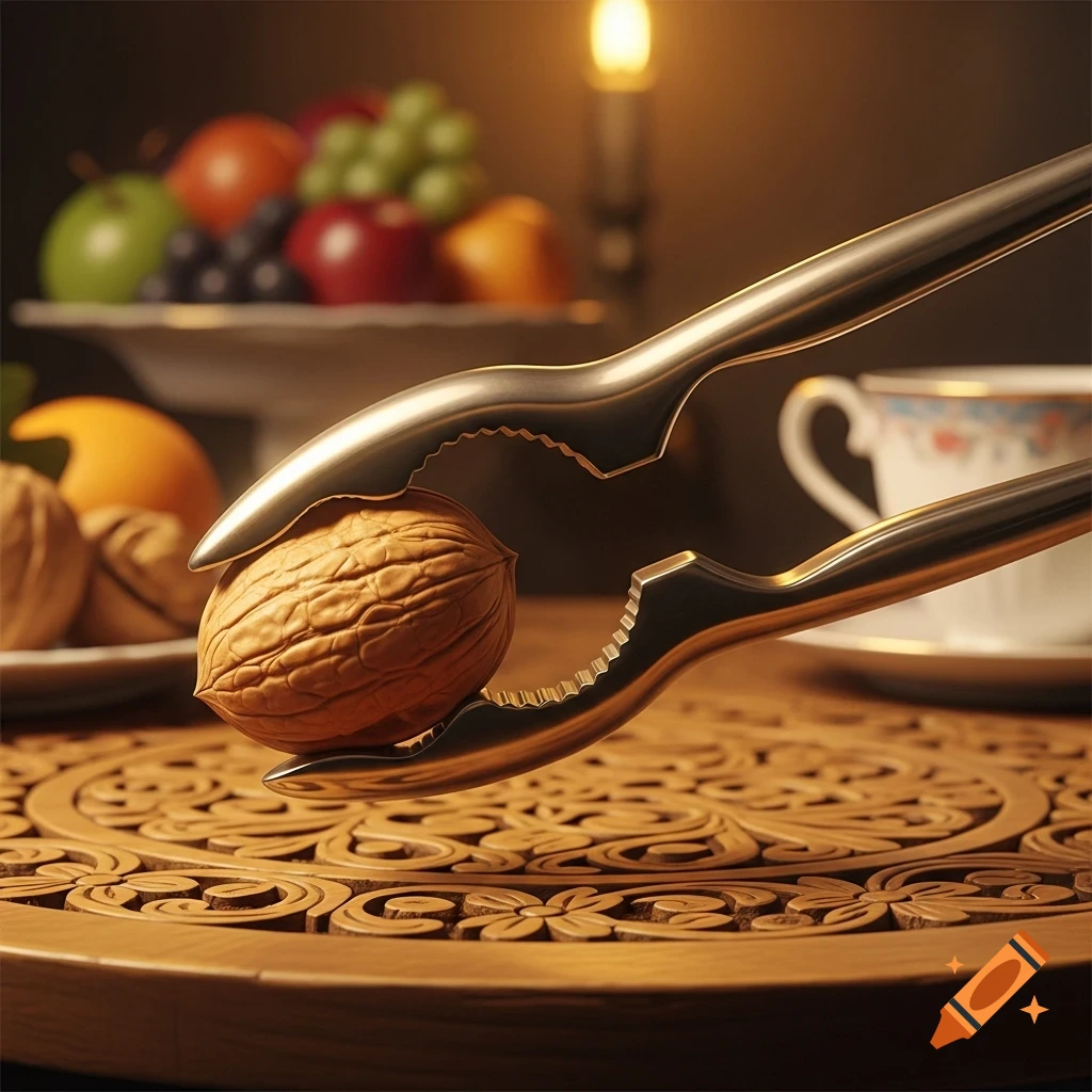 A detailed, photorealistic close-up of a silver nutcracker holding a walnut over a carved wooden table, with blurred fruit and a teacup in the background.
