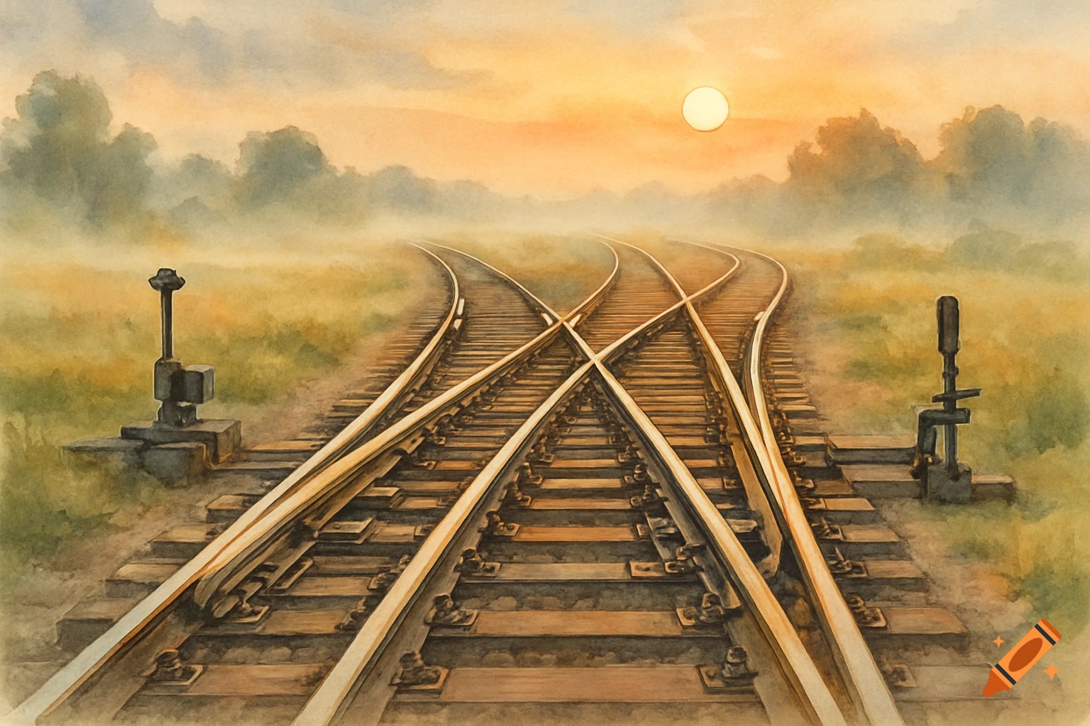 Watercolor painting of diverging train tracks in a misty landscape at sunset.