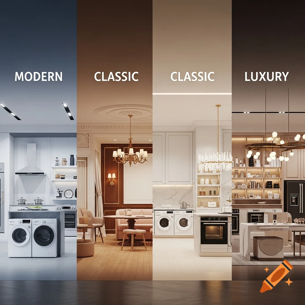 Split image showcasing home appliances in four different interior styles: modern kitchen, classic dining room, classic kitchen, and luxury kitchen.