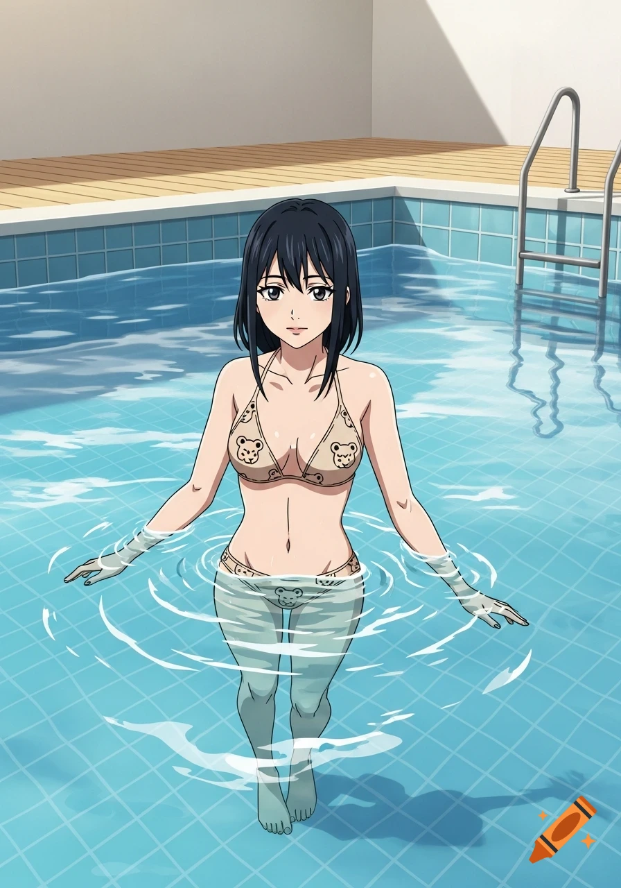 A cel-shaded anime illustration of a woman with dark hair in a beige two-piece swimsuit with bear patterns, standing in a swimming pool.
