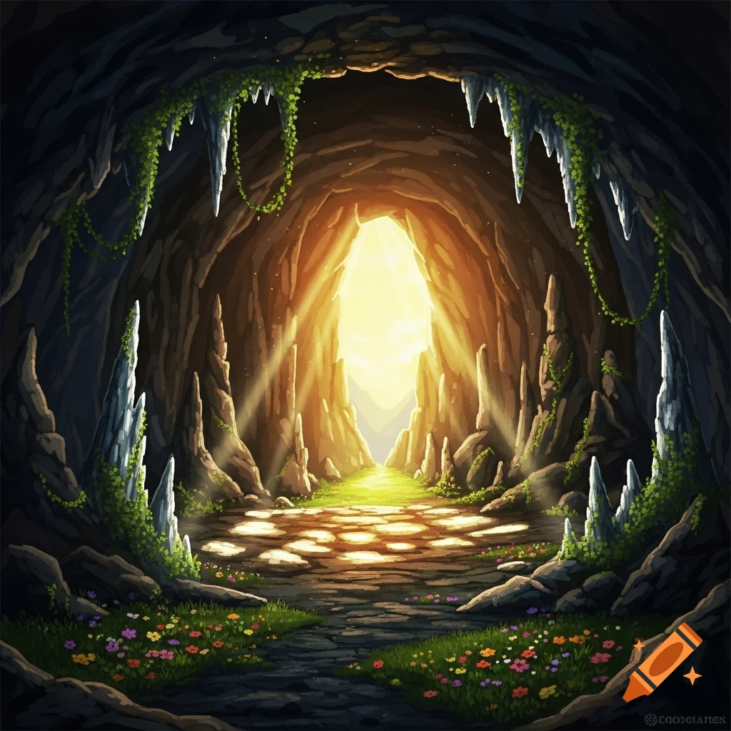 A vibrant, stylized fantasy cave opening, bathed in golden light, with stalactites, green vines, and colorful wildflowers.