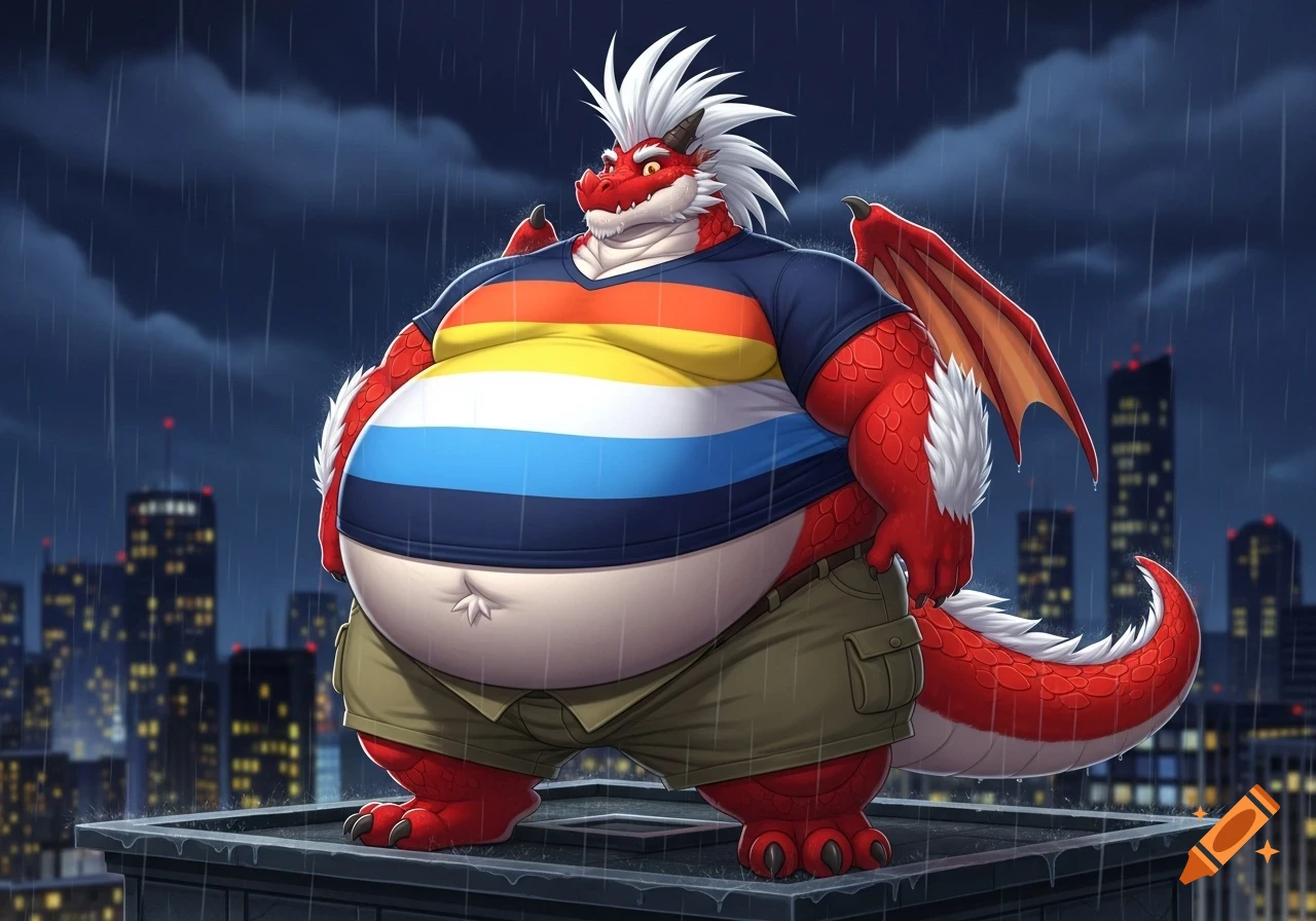 Cartoony obese red dragon with white mohawk, wearing a striped t-shirt and khaki shorts, on a skyscraper roof in a rainy city at night.