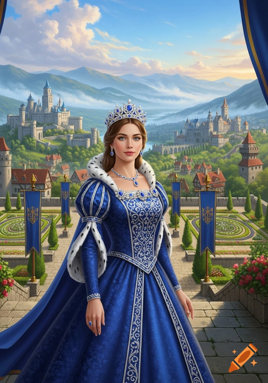 A majestic young queen in a regal blue and silver gown with a fur-trimmed cape and an ornate crown stands before a sprawling kingdom with castles and mountains under a bright sky.