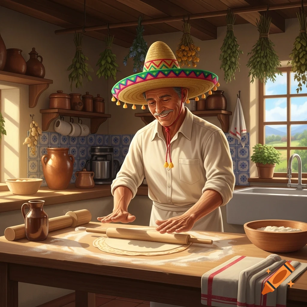 A smiling man in a sombrero rolls dough with a rolling pin on a flour-dusted wooden counter in a rustic kitchen.