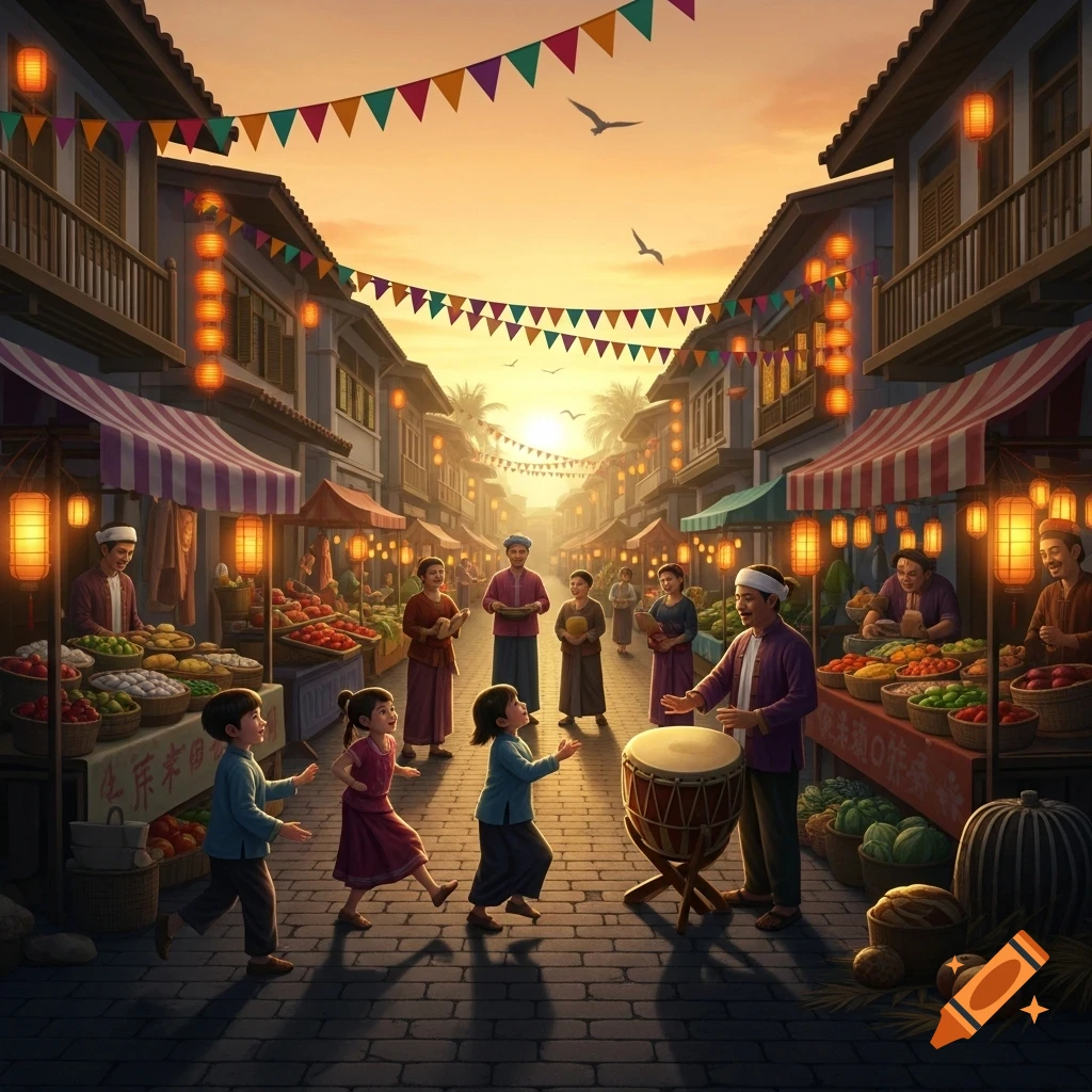 A vibrant street market at sunset, adorned with colorful banners and lanterns. People are gathered, with children dancing near a man playing a drum, and stalls overflowing with fresh produce.