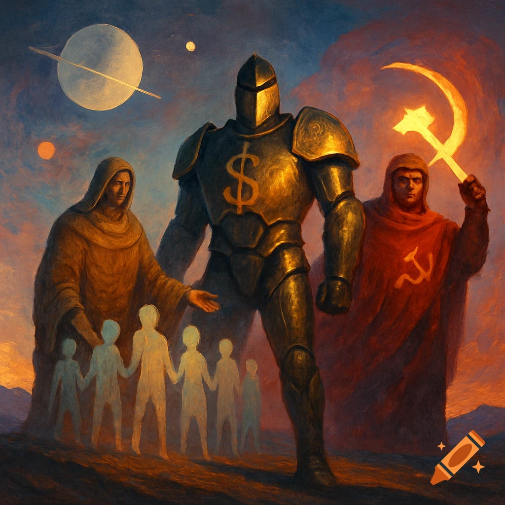 A symbolic painting showing a golden armored figure with a dollar sign on its chest, flanked by a robed man with abstract children and another robed man holding a glowing hammer and sickle, against a cosmic sky.