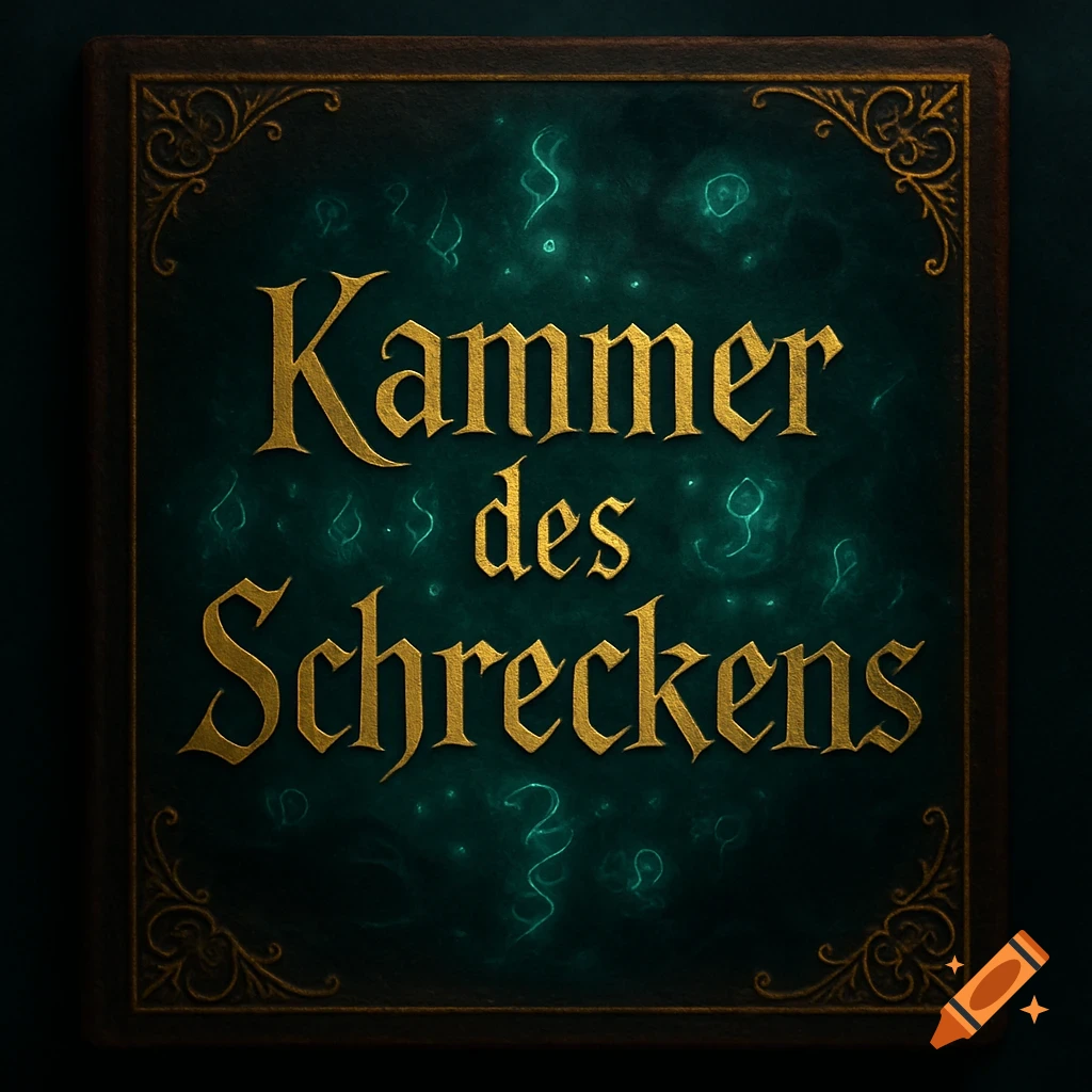 A dark green ornate sign with gold text 'Kammer des Schreckens' and glowing mystical green patterns.