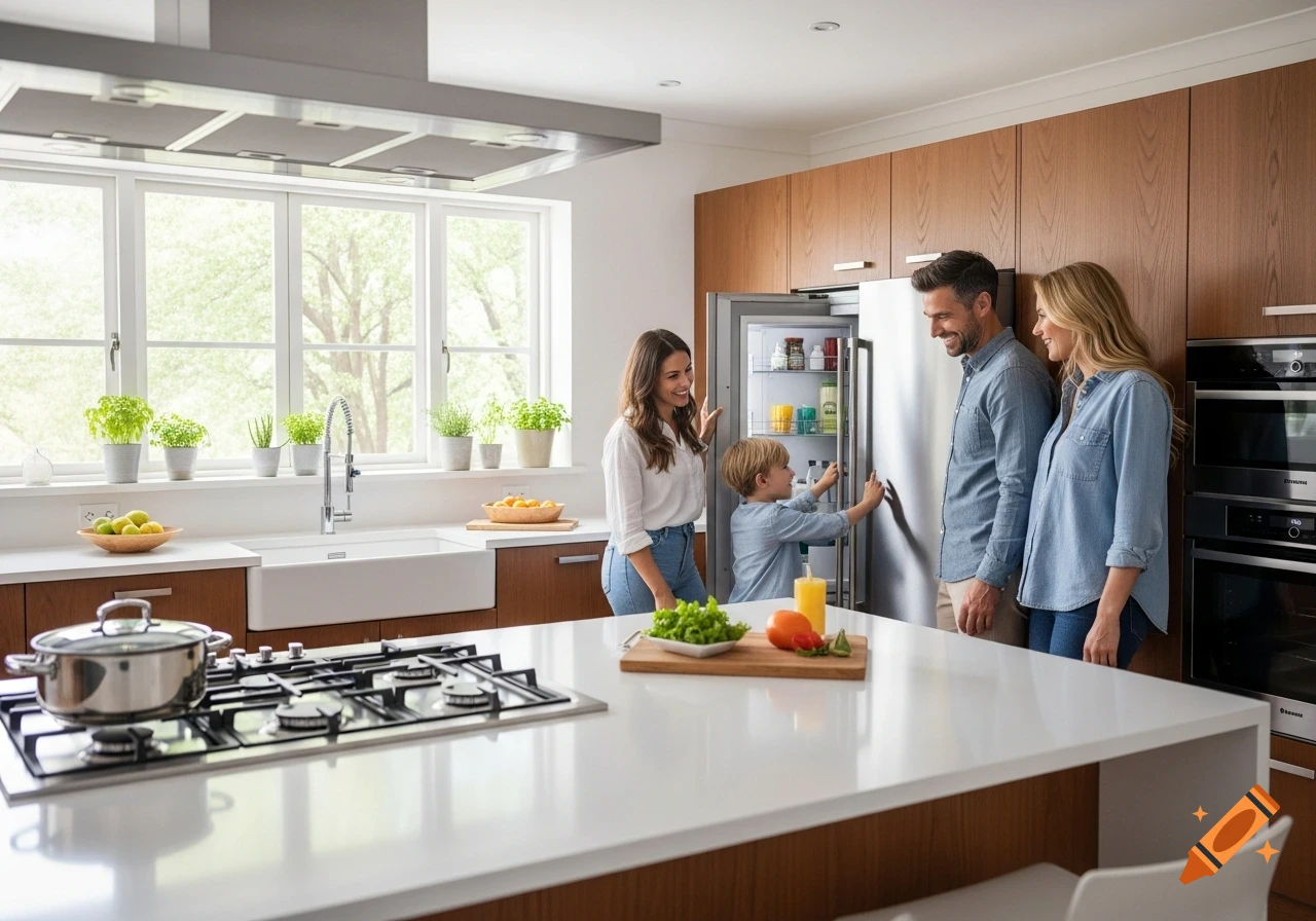 A happy family, parents and a child, stand in a bright modern kitchen looking at an open refrigerator. A gas stovetop is in the foreground.