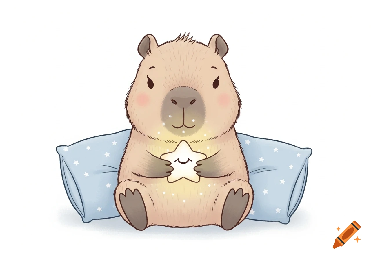Cute illustration of a baby capybara sitting on blue pillows, holding a glowing star with a gentle smile.