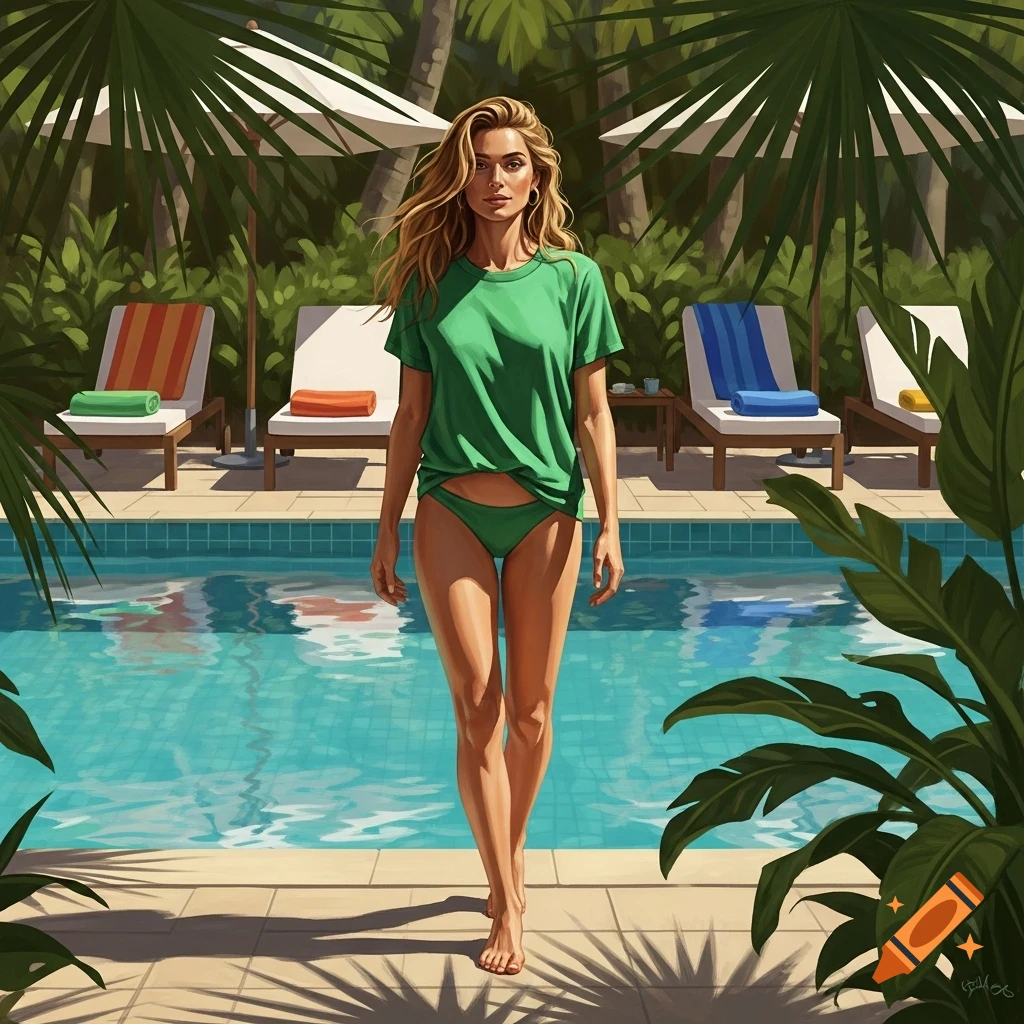 A woman in a green t-shirt and bikini walks barefoot along a sunny swimming pool in a tropical resort setting. Lush palm trees surround the area.