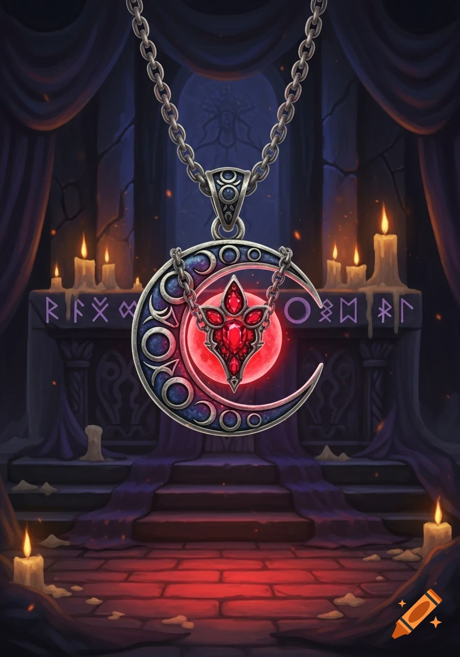 Ornate silver pendant with a crescent moon and glowing red gem, hanging against a dark, candlelit mystical altar with runic carvings.