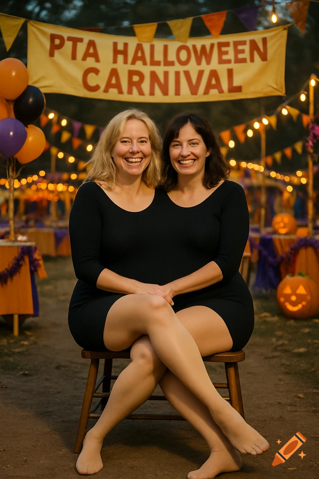 Two smiling women in black dresses pose together as a two-headed illusion at a PTA Halloween Carnival with balloons and string lights.