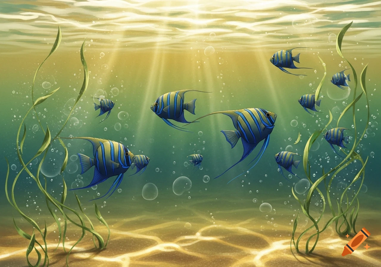Artistic underwater scene in Chinese mural style with blue and yellow angelfish, seaweed, and sunbeams.