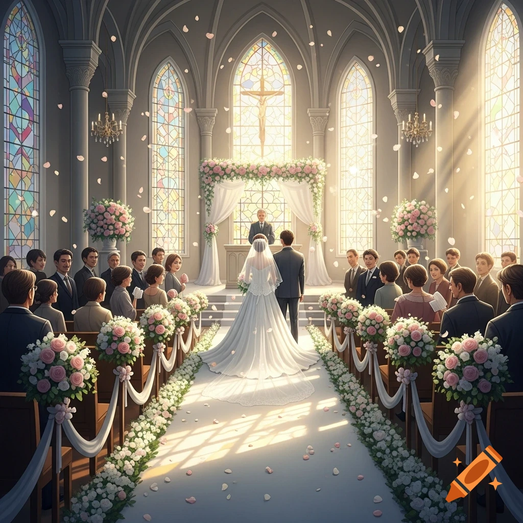 A wedding ceremony in a grand church, with a bride and groom at the altar, guests seated, and flower petals falling. Sunlight streams through stained-glass windows.