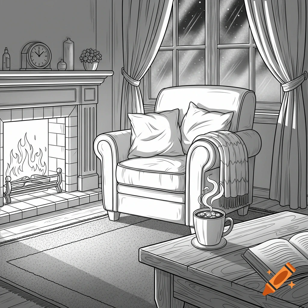 Black and white line art shows a cozy room with a lit fireplace, an armchair, and a table with a steaming mug and an open book by a window.