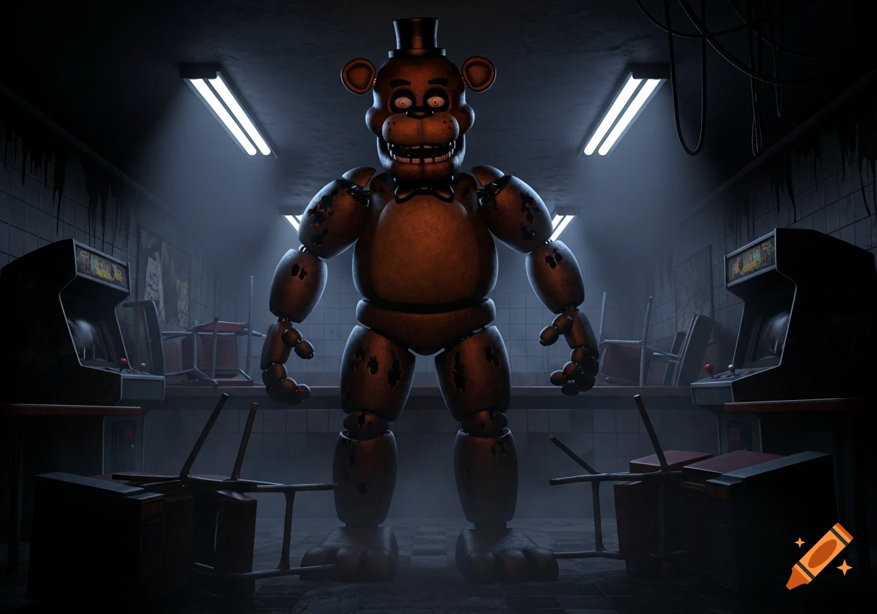 Freddy Fazbear stands menacingly in a dark, dilapidated room with arcade machines and overturned chairs.