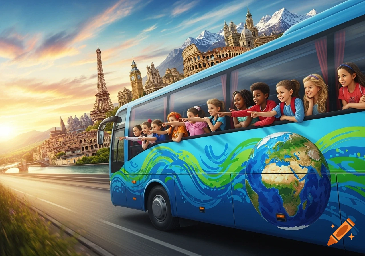 Children on a blue tour bus with a globe design, pointing at famous European landmarks like the Eiffel Tower and Colosseum.
