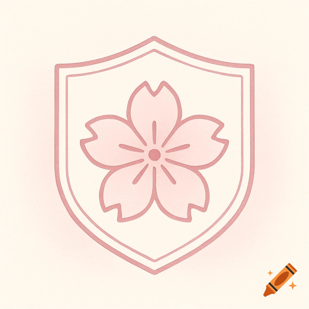 Pink Japanese-style school emblem featuring a sakura flower inside a shield on a pale background.