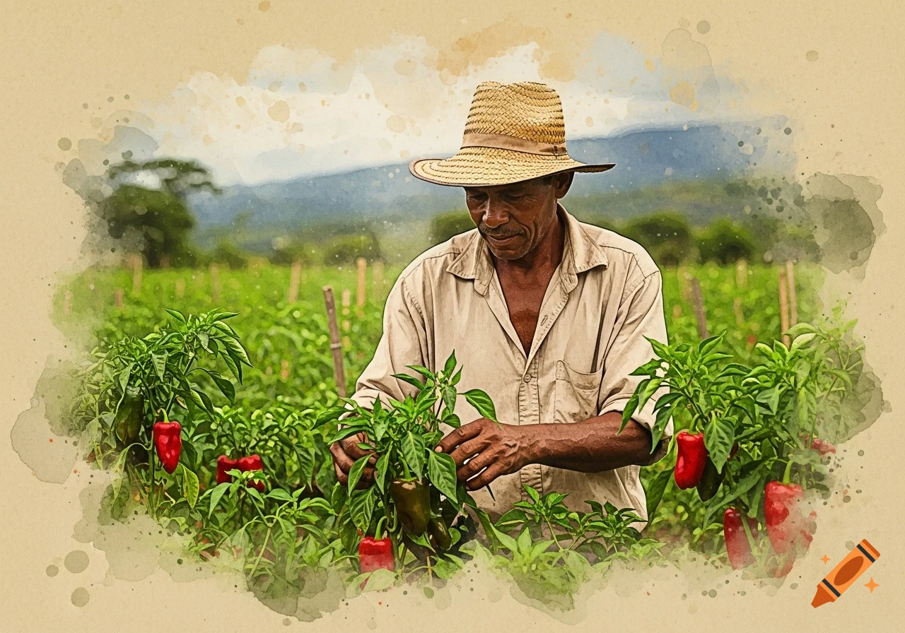 A man in a straw hat harvests red peppers in a lush green field, rendered in a watercolor painting style.