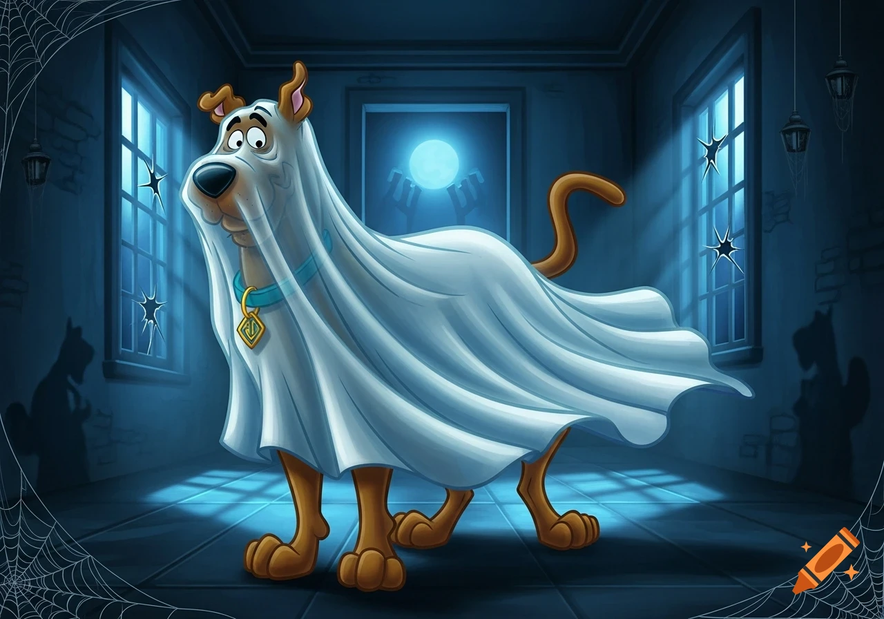Cartoon Scooby Doo, covered in a white sheet like a ghost, looks scared in a dimly lit, spooky room with blue light and cobwebs.