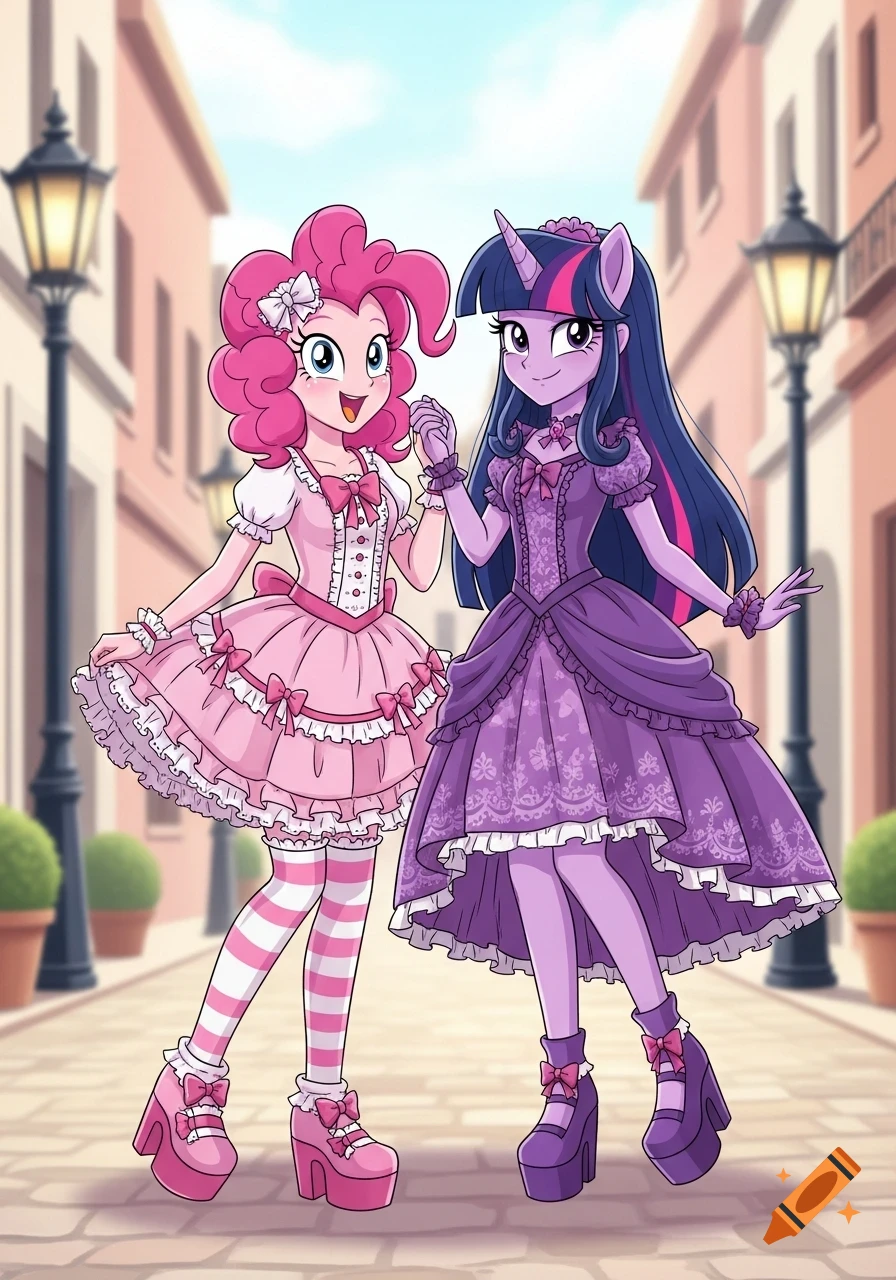 Pinkie Pie and Twilight Sparkle from My Little Pony, in anime style, wearing elaborate pink and purple Lolita dresses on a street, holding hands.