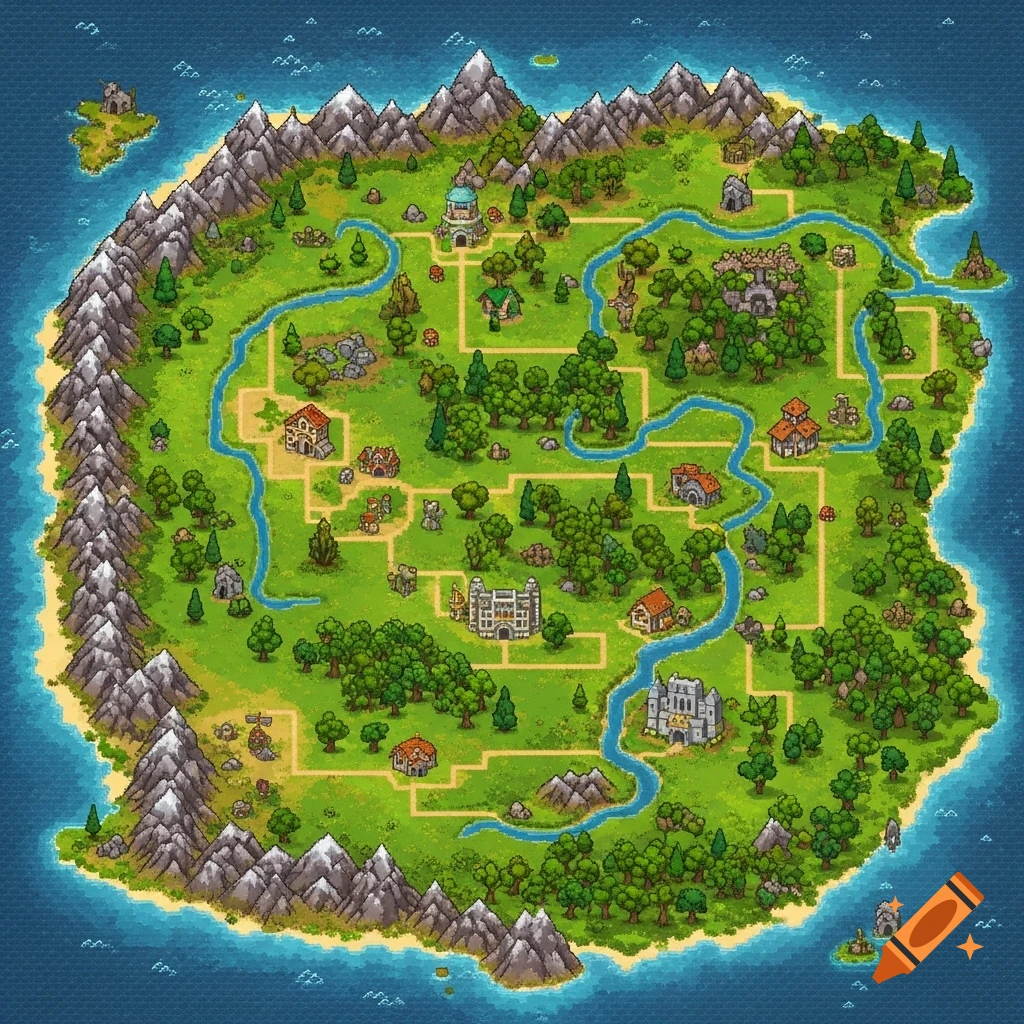A detailed, top-down pixel art fantasy world map featuring mountains, winding rivers, dense forests, scattered buildings, and small islands.