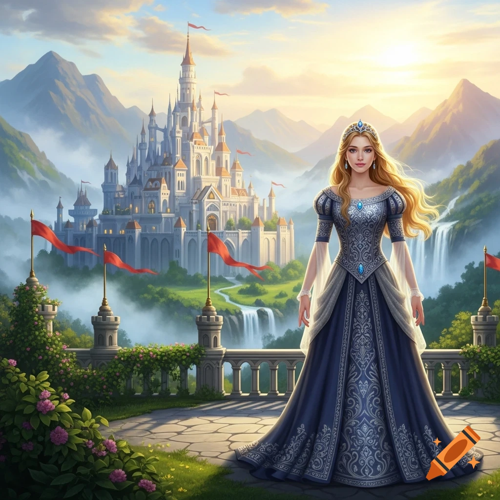 A beautiful princess in a blue gown stands on a balcony overlooking a majestic castle and waterfalls in a fantasy landscape at sunset.