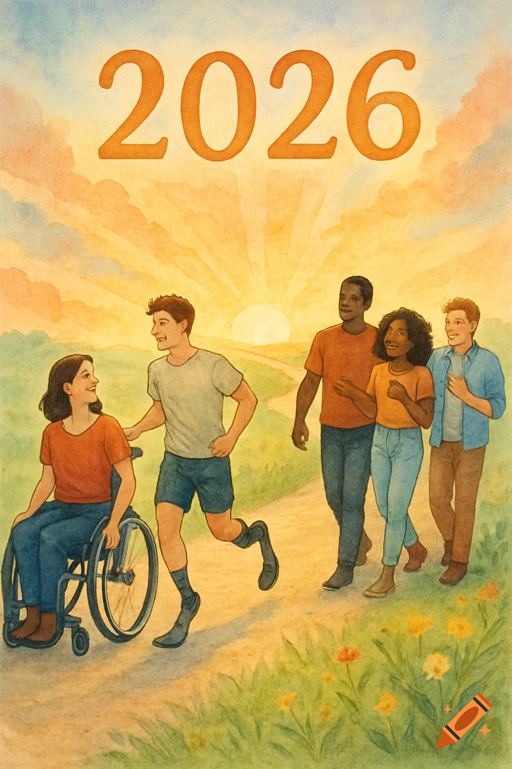 Watercolor illustration of diverse people, including one in a wheelchair, walking a path towards a sunrise, with "2026" at the top.
