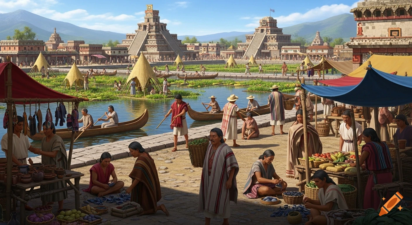 A bustling ancient Aztec city market with people trading by canals, canoes, and large stepped pyramids under a bright sky.