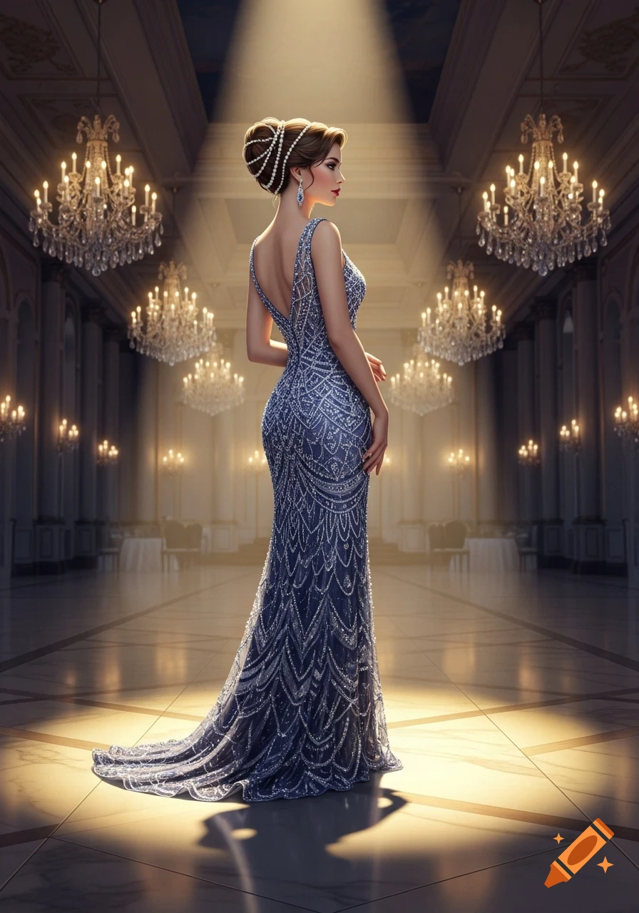 A woman in a sparkling, elegant blue gown with an intricate updo stands under a spotlight in a grand ballroom with many chandeliers.
