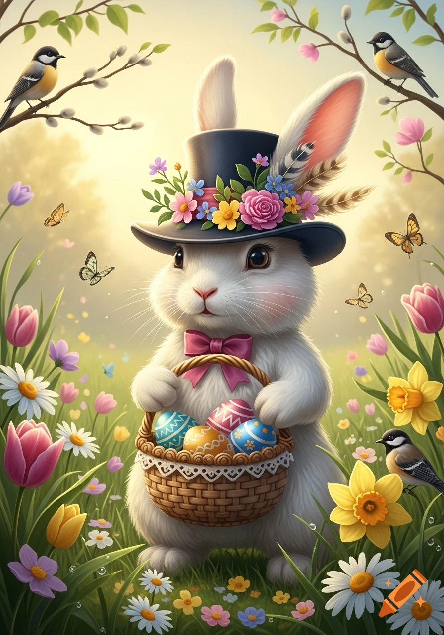 Cute white Easter bunny in a flower-adorned top hat holding a basket of colorful eggs in a vibrant spring meadow with flowers and birds.