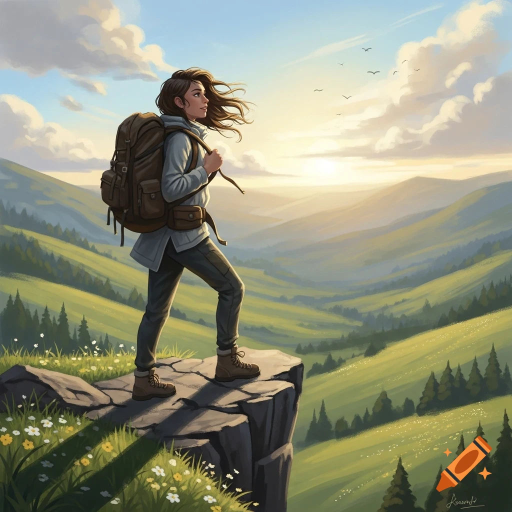 An illustration of a young woman with a backpack standing on a cliff edge, looking out over a wide, green mountain valley at sunrise.
