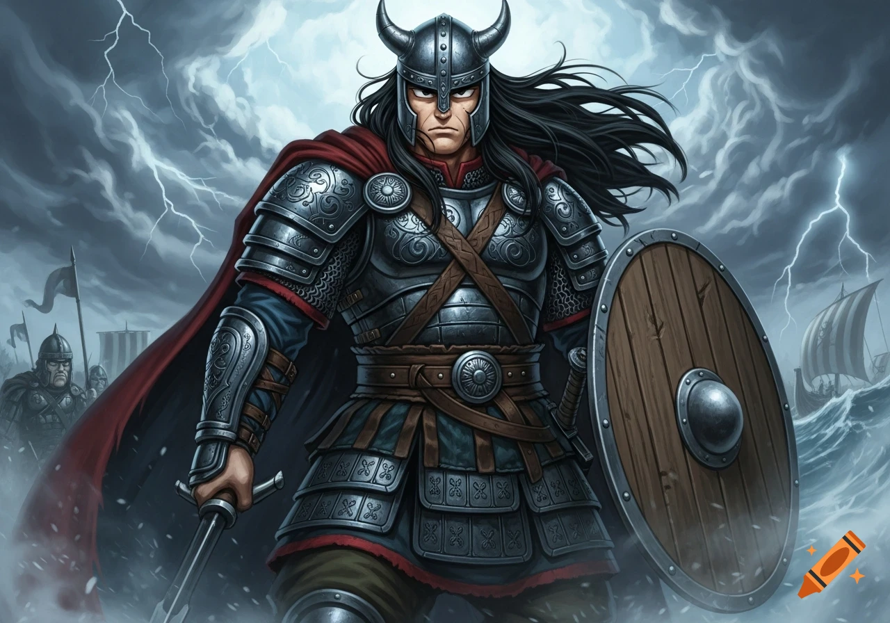 A horned Viking warrior in ornate armor, holding a sword and shield, stands under a stormy sky with lightning and longships in the background, in Akira Toriyama's art style.