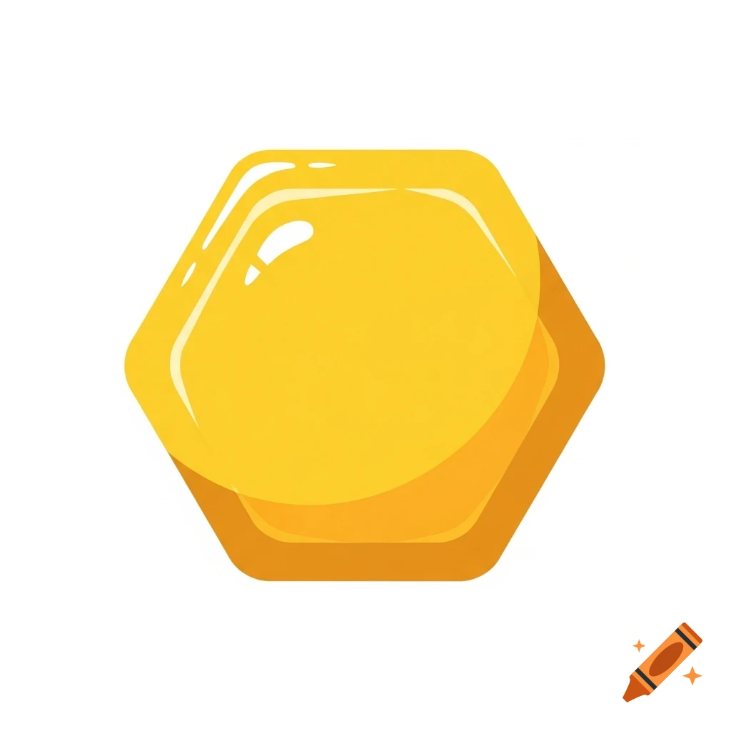 A bright yellow, glossy cartoon-style hexagon with rounded corners, resembling a honeycomb cell, on a white background.