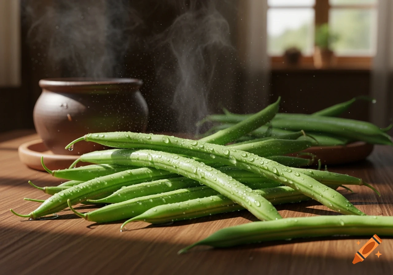 A close-up, photorealistic shot of fresh green beans with water droplets on a wooden table, steam rising from a pot in the background.