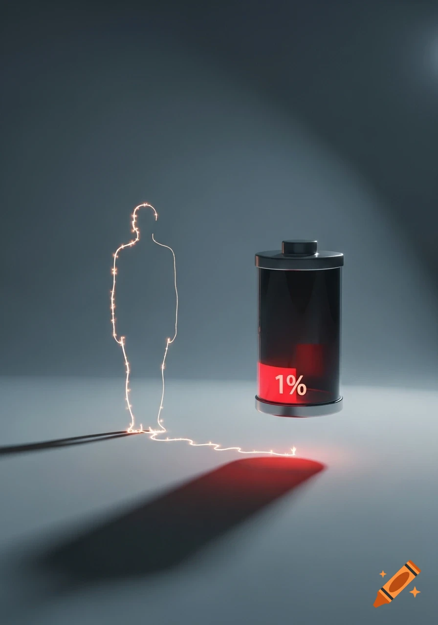 A glowing outline of a person connected by a wavy line to a floating black battery showing '1%' charge remaining, all on a grey surface.