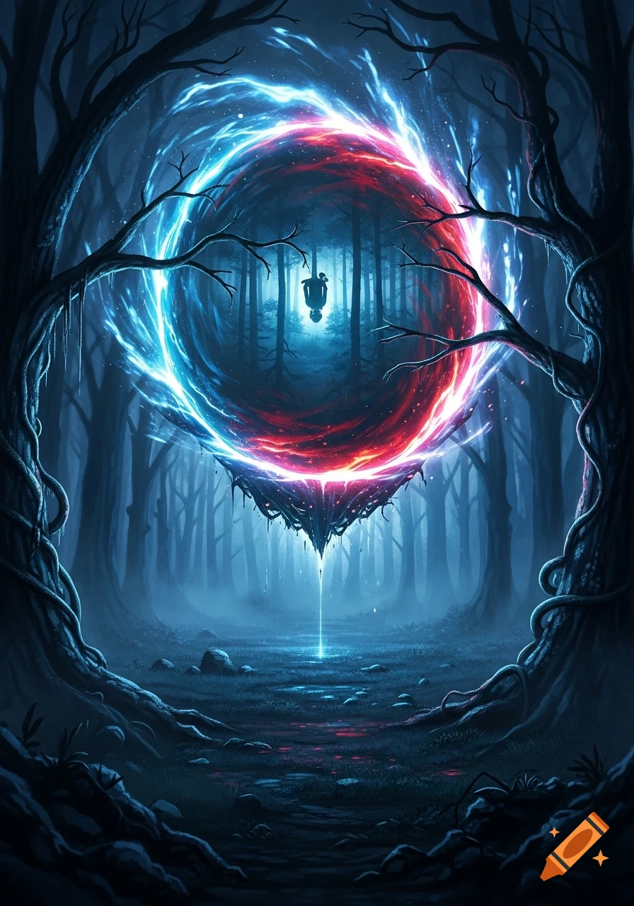 A dark, mystical forest with a glowing red and blue swirling portal. A silhouette of a person floats upside down within the portal.