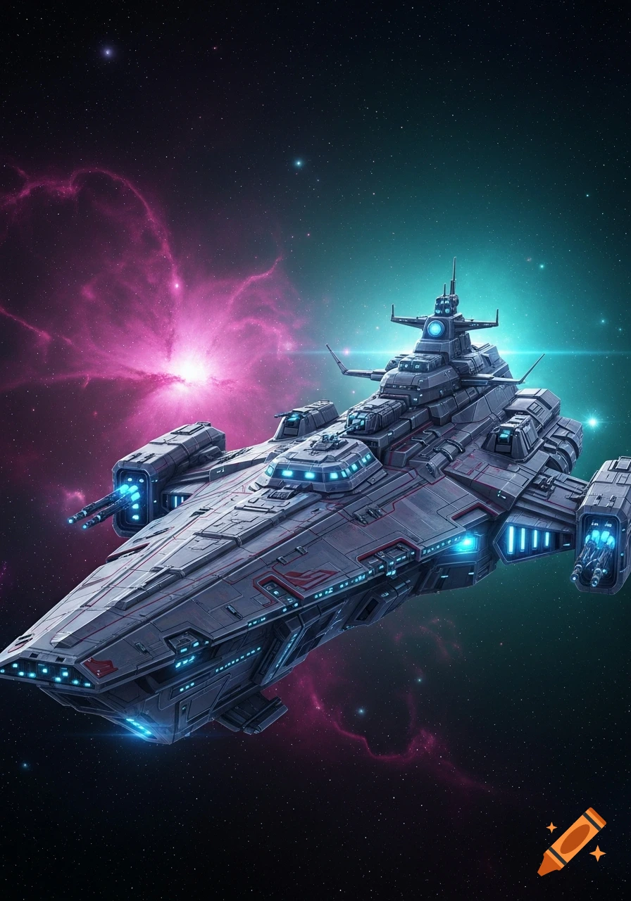 A detailed futuristic battleship with blue glowing accents flies through dark space with pink and teal nebulae.