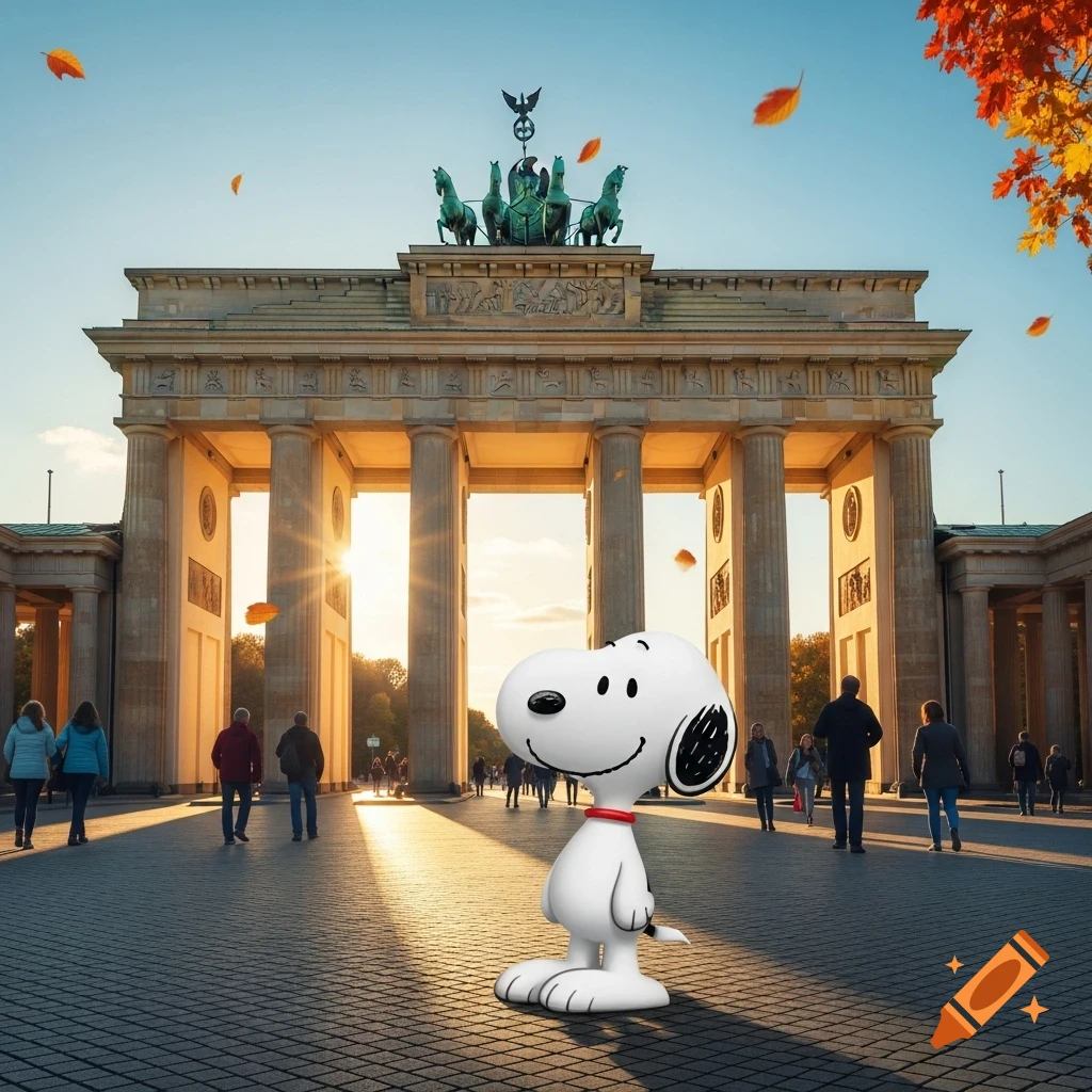 3D cartoon Snoopy standing in front of the Brandenburg Gate at sunset, with falling autumn leaves.