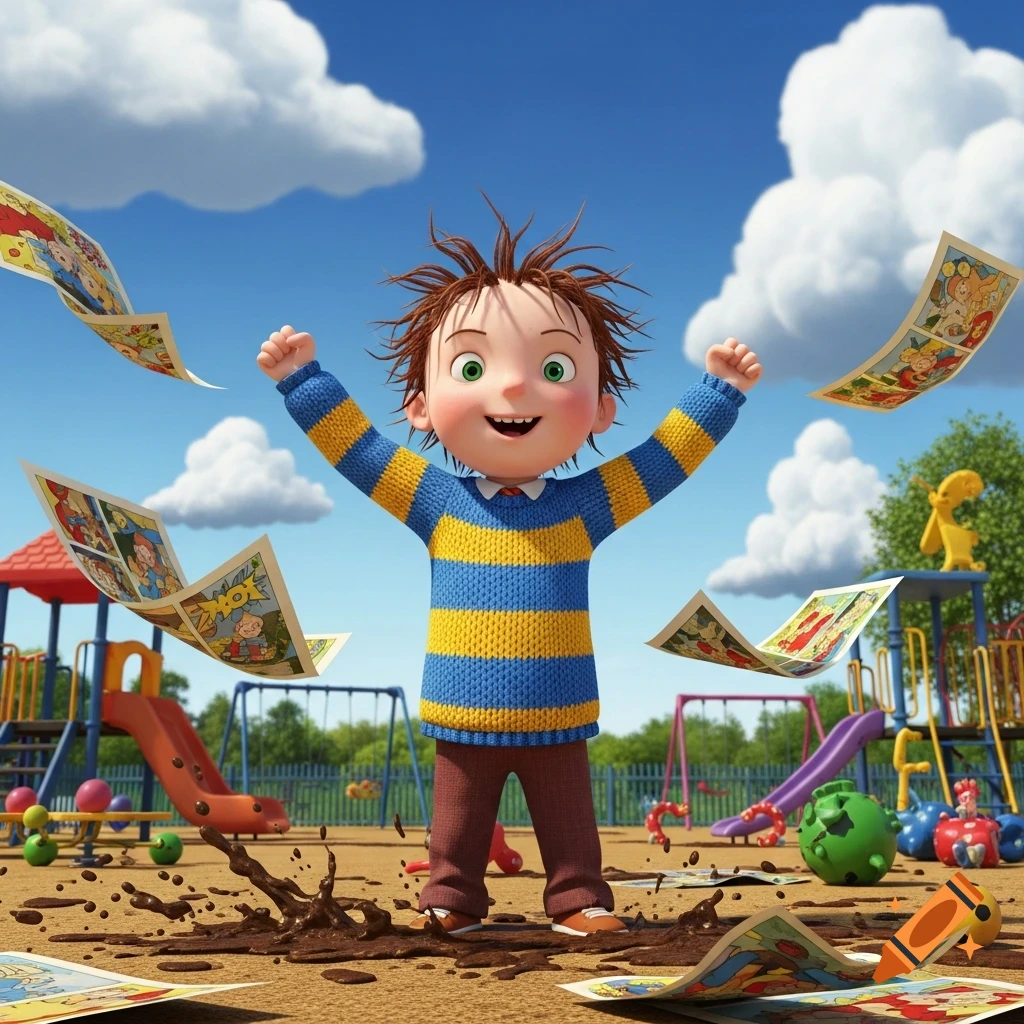 A mischievous cartoon boy with messy brown hair and a blue and yellow striped sweater raises his arms triumphantly in a muddy playground, surrounded by flying comic book pages.