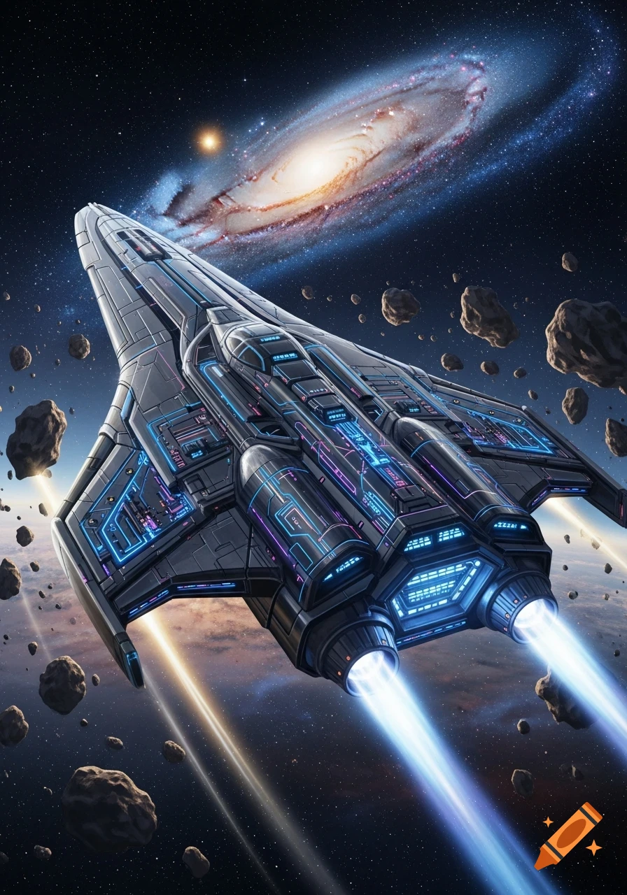 A sleek futuristic spaceship with glowing blue and purple lights flying through space past asteroids, with a spiral galaxy in the background.