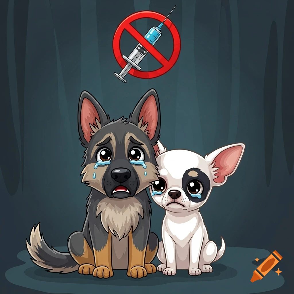 Cartoon of a scared, crying German Shepherd and Chihuahua, with a red prohibition sign over a syringe above them.