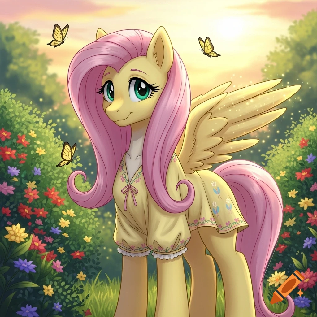 Yellow pony Fluttershy with pink hair and wings in a dress, standing in a vibrant flower field with butterflies under a sunny sky.